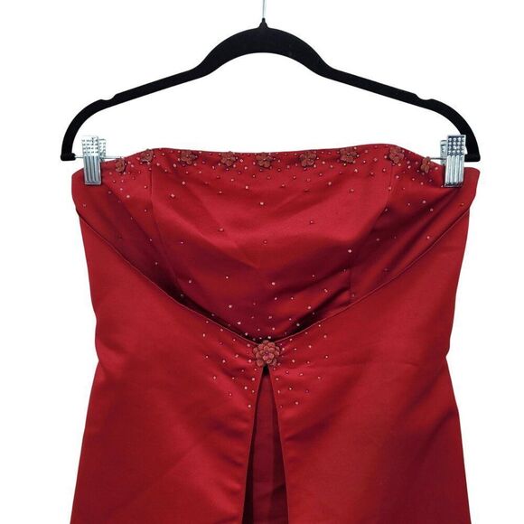 Red Satin Strapless Evening Gown Sz 12 Formal Dress Beaded Caped Skirt Prom Gala - Picture 4 of 12